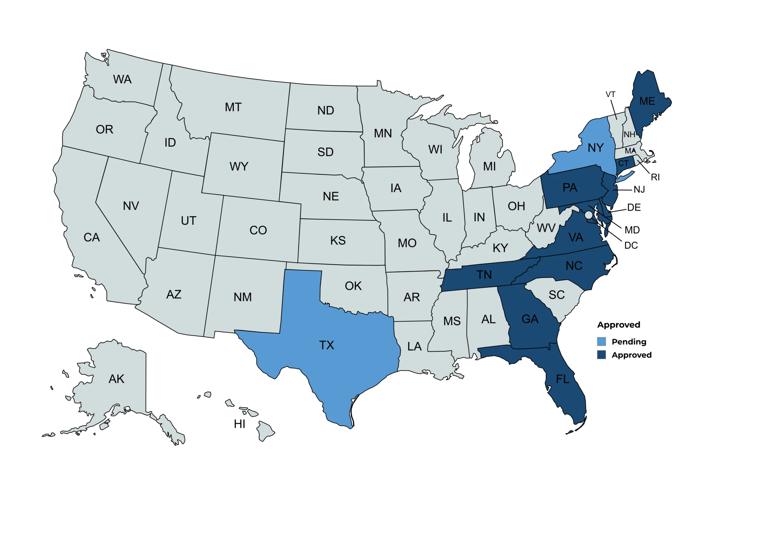 Map of states where DreamLife Processing is approved (CT, DE, FL, GA, ME, MD, NJ, NC, PA, TN, VA) and pending (NY, TX)